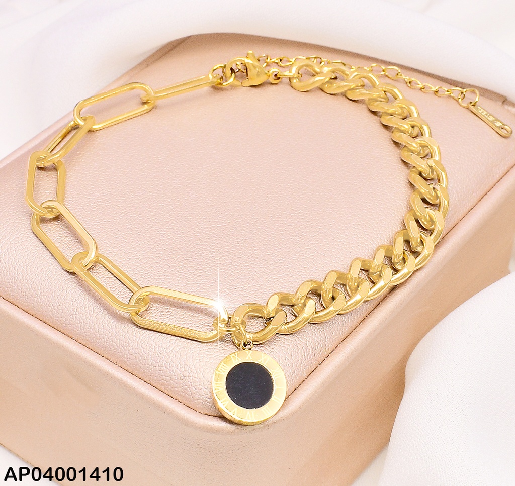 PULSERA DOR MARTILLADA / ZIRC RD NEGRA/ESLABONES LARGOS MOD 001403