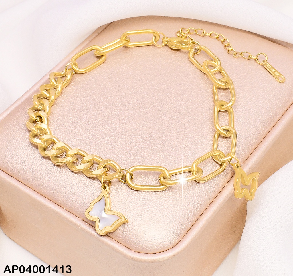 PULSERA DOR MARTILLADA/ 2 MARIPOSAS /ESLABONES MEDIANOS MOD 001066