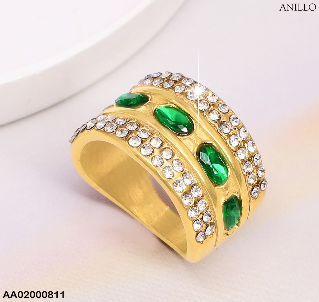 ANILLO DOR ZIRC. CRISTAL & 5 VERDES OVALADAS 0367