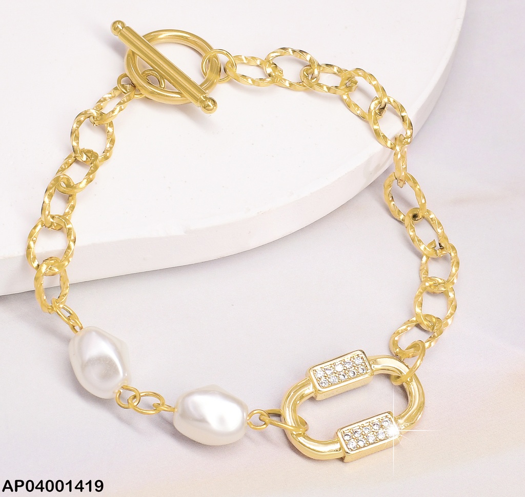 PULSERA DOR. ESLABONES TORNEADOS/ 2 PERLAS / OVALO ZIRC 🚫 0648