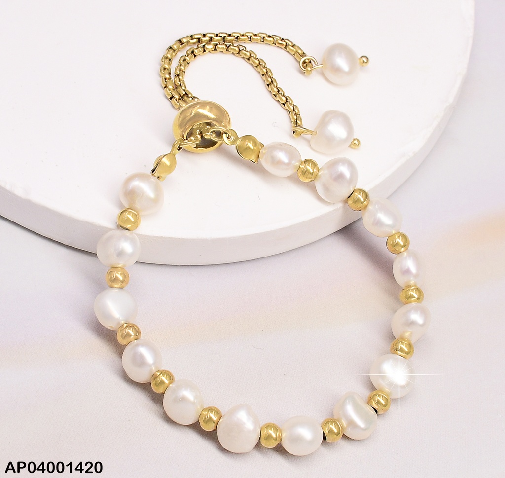 PULSERA DOR AJUSTABLE PERLAS BLANCAS/ PELOTITAS DOR 1065