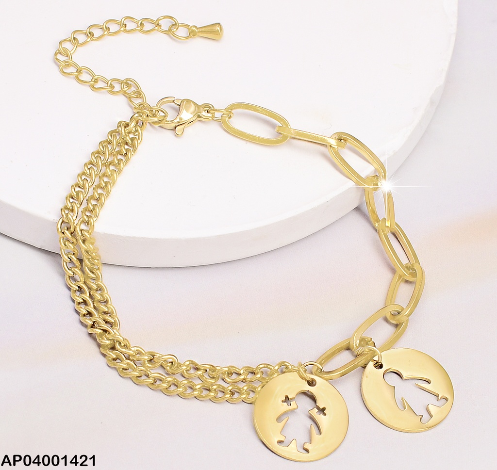 PULSERA DOR ESLABONES LARGOS Y DOBLES PEQ/ DOBLE DIJE NIÑA-NIÑO 1241
