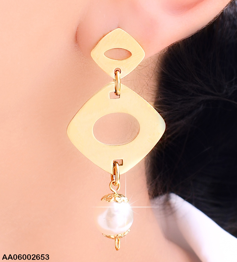 ARETES 2 ROMBOS PLANOS ANCHOS/PERLA COLGANTE