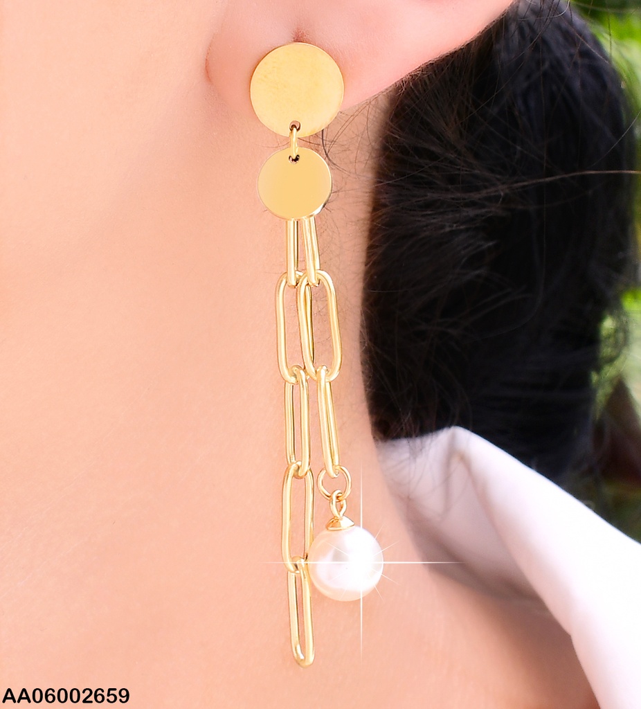ARETES DOBLE PLACA RD ESLABONES GR./PERLA COLGANTES