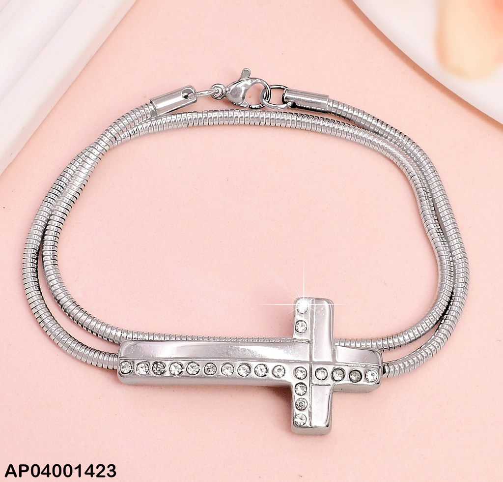 PULSERA PLAT. COLA DE RATON / CRUZ CON ZIRCONIAS MOD. S7582-59