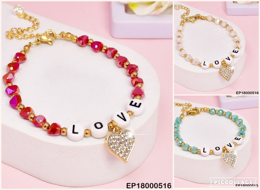 PULSERA PERLAS IRREGULARES/ESFERAS DOR/LOVE/ CORAZON ZIRC/COL SURT.
