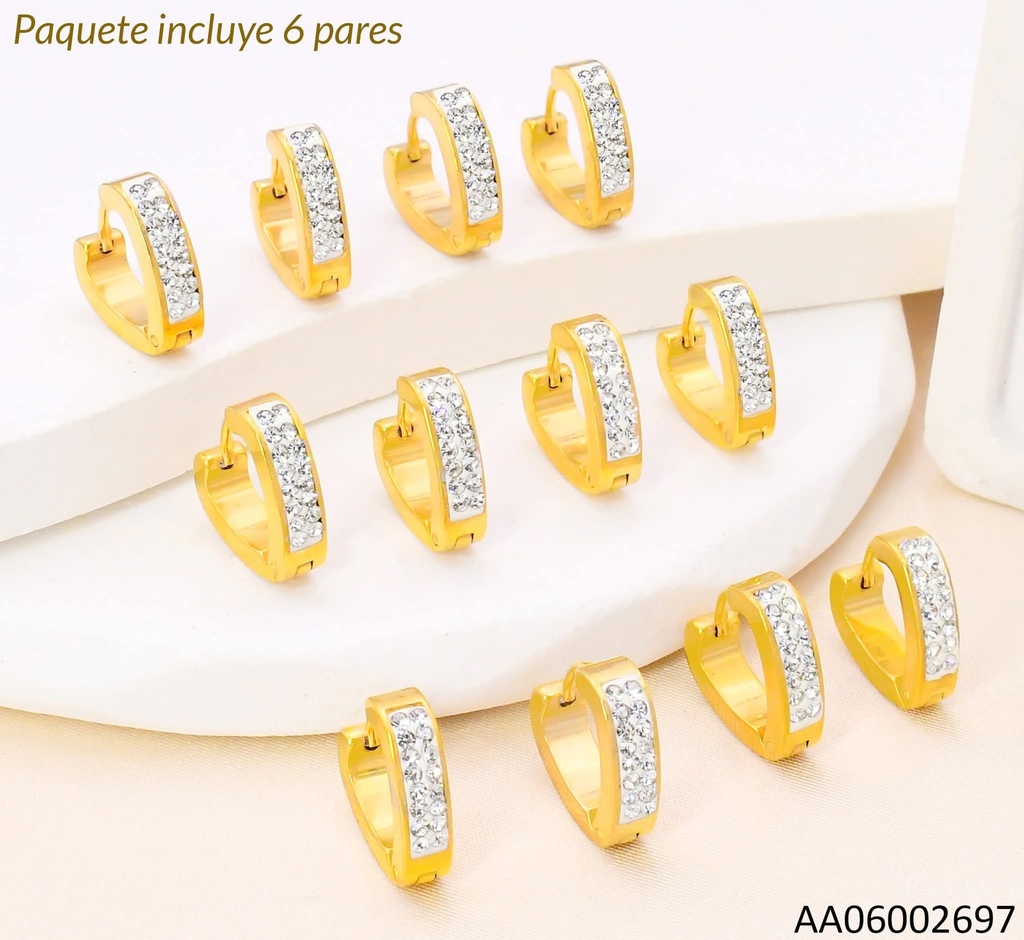 PAQ. 6 PARES ARETES HUGGIES CORAZON. 2 LINEAS ZIRC. S2200-100