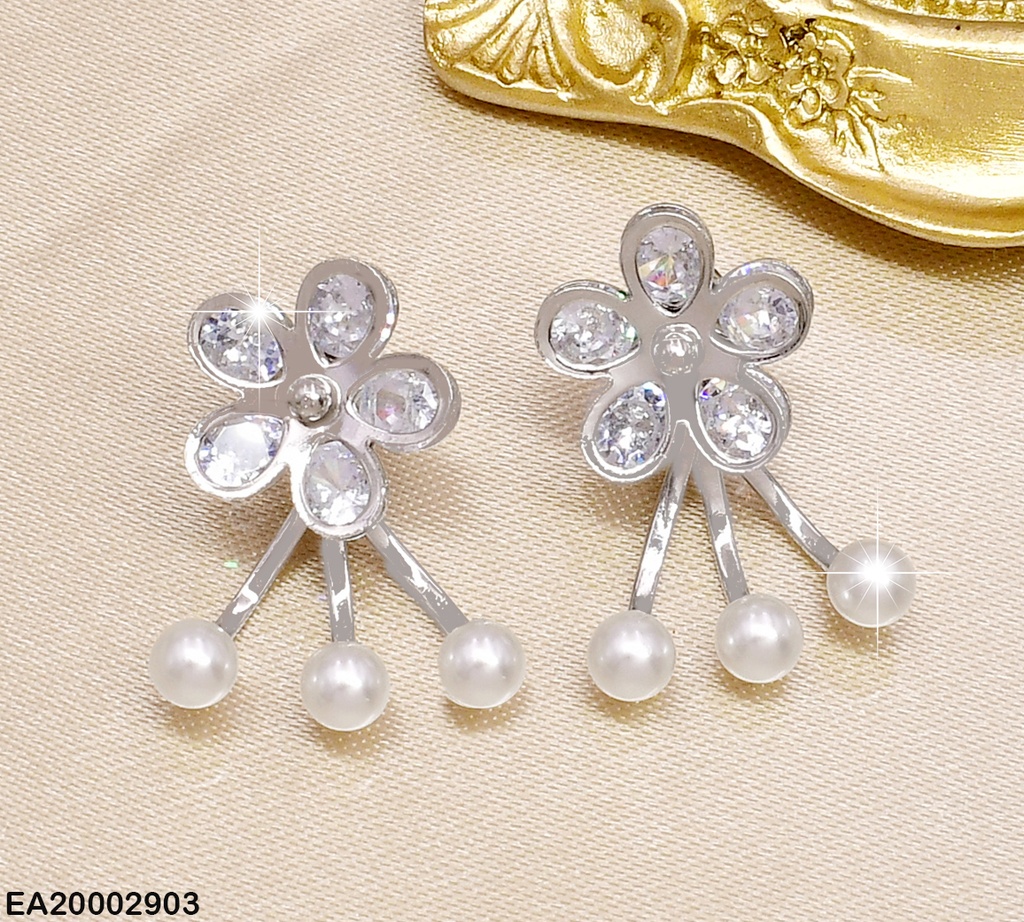 ARETES PLAT. FLOR CRISTAL C/3 PERLITAS HORIZ. EE280-10