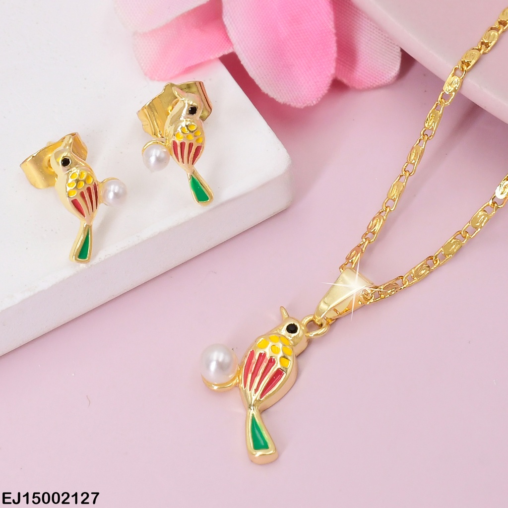 JUEGO DOR ARETES & DIJE PAJARO SOBRE PERLA SE498-3
