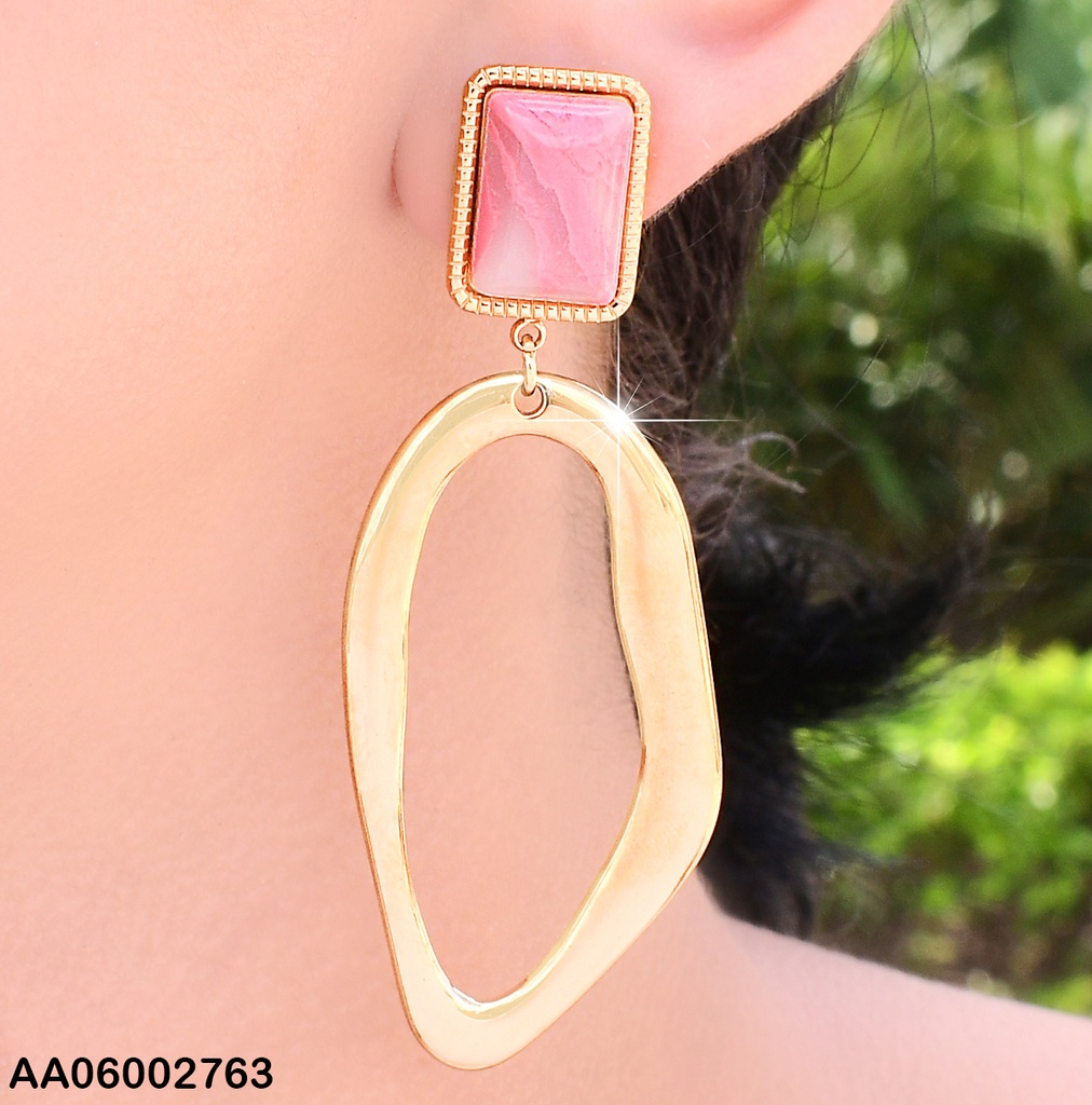ARETE DOR RECT. PIEDRA ROSA/OVALO IRREGULAR COLGANTE EA682-45