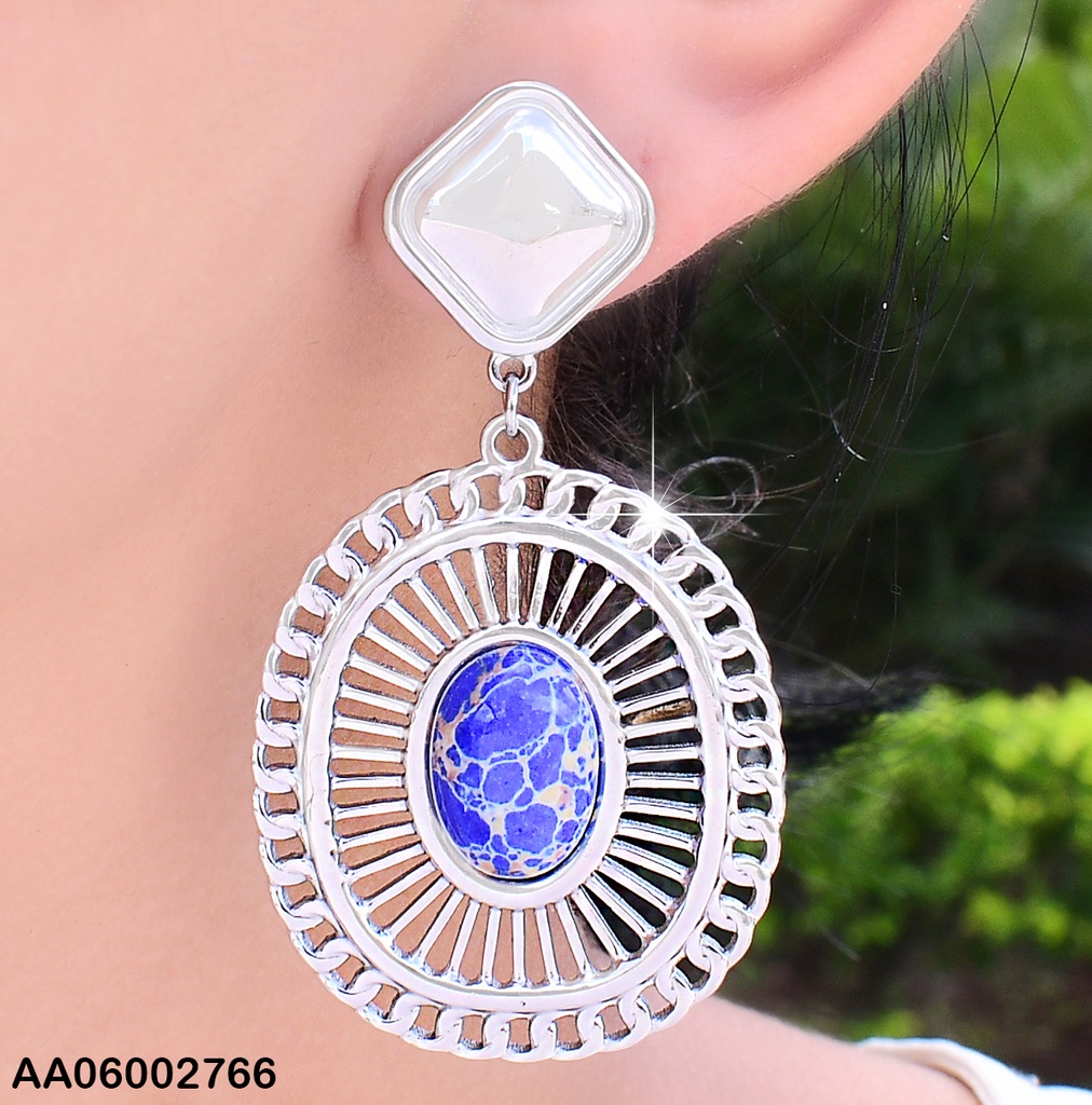 ARETES PLAT ROMBO/ RD CALADO/PIEDRA AZUL MARMOLEADO CENTRO EA709-45