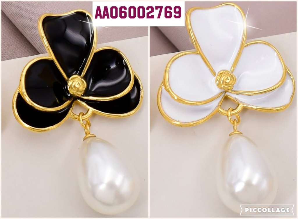 ARETE MEDIA FLOR 5 PET. BORDE DOR/ PERLA COLGANTE EA417-45