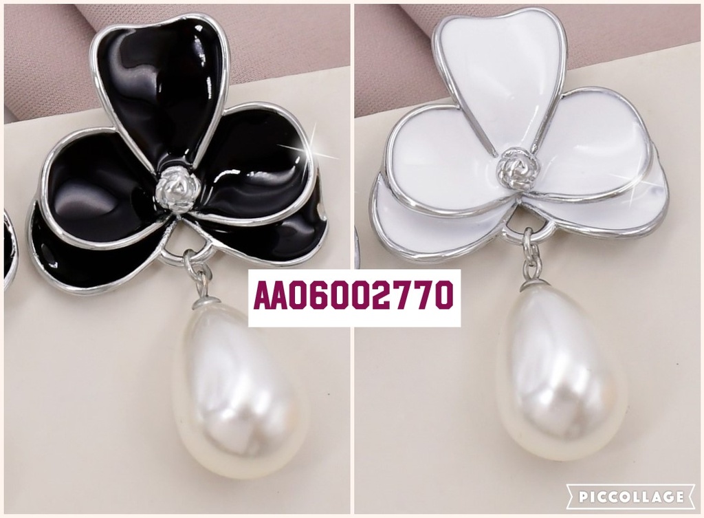 ARETE MEDIA FLOR 5 PET. BORDE PLAT/ PERLA COLGANTE  EA418-45