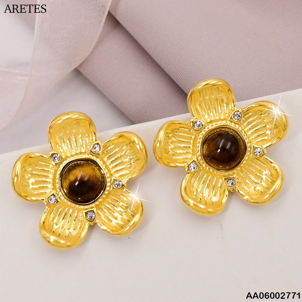 ARETES FLOR 5 PETALOS PIEDRA CAFE/NEGRA CENTRO 5 ZIRC. EA445-45