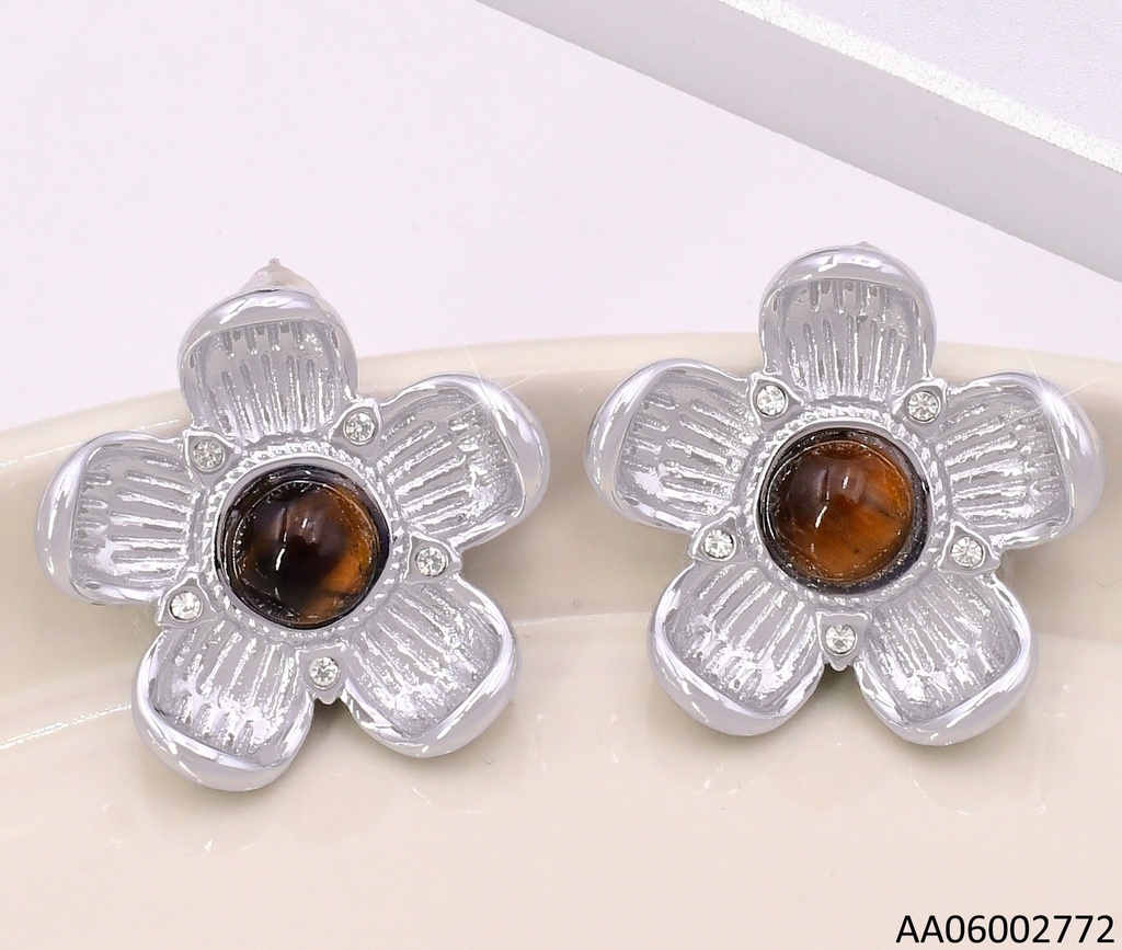 ARETES PLAT. FLOR 5 PETALOS PIEDRA CAFE CENTRO 5 ZIRC. EA446-45