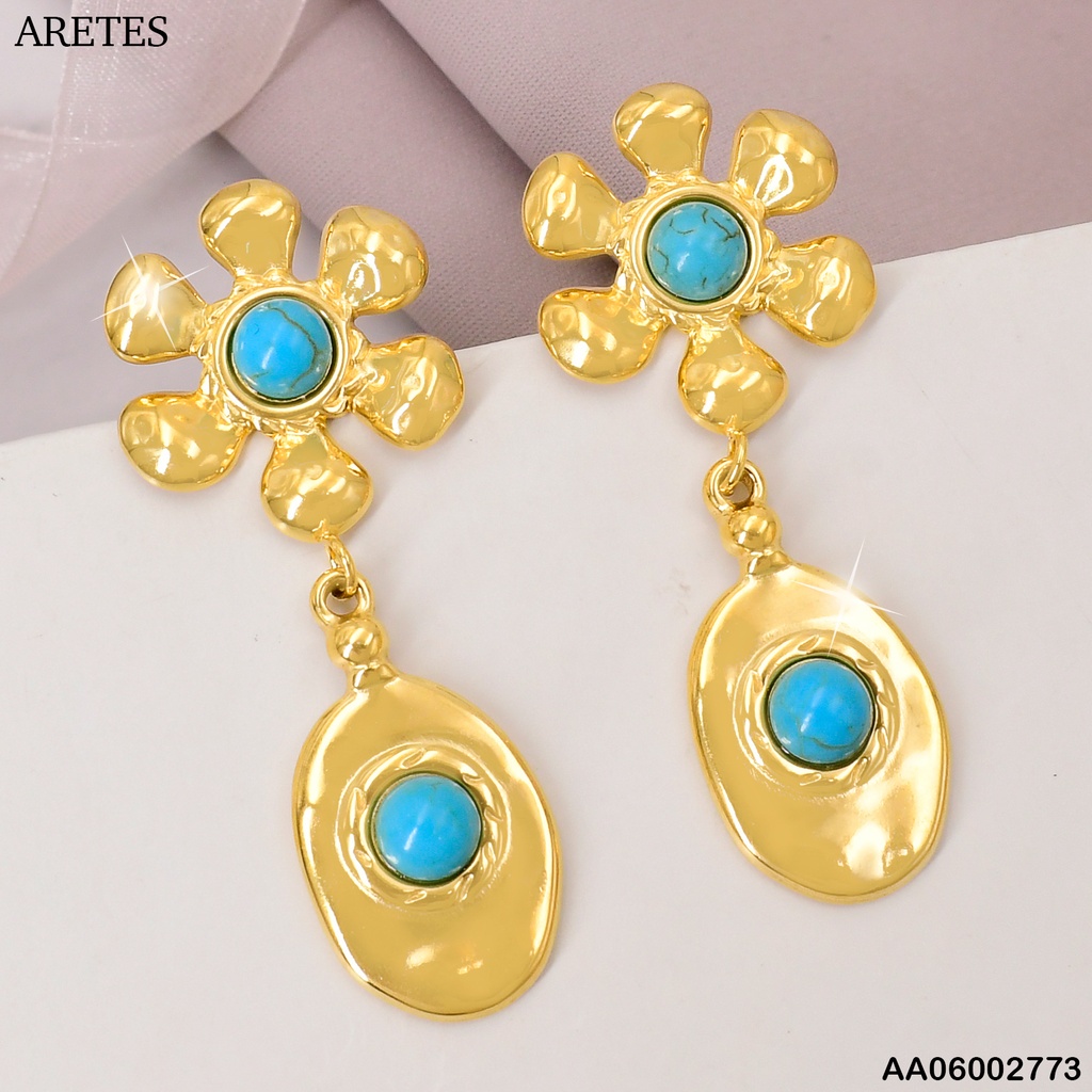 ARETES DOR FLOR 6 PETALOS  OVALO IRREGULAR PIEDRA NAT. CENTRO  EA500-45