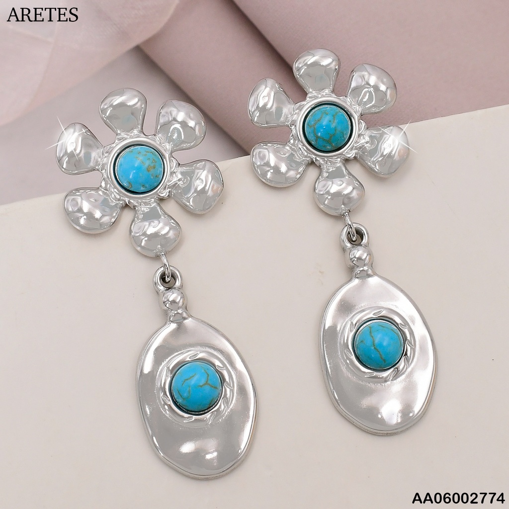 ARETES PLAT. FLOR 6 PETALOS OVALO IRREGULAR PIEDRA NAT. CENTRO EA501-45