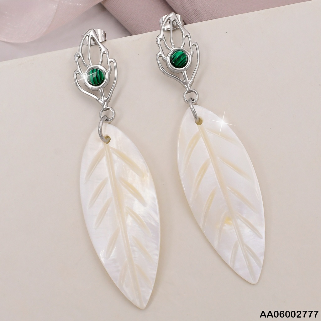 ARETE PLAT CROQUI HOJA /PIEDRA VERDE / HOJA BLANCA COLGANTE EA669-45