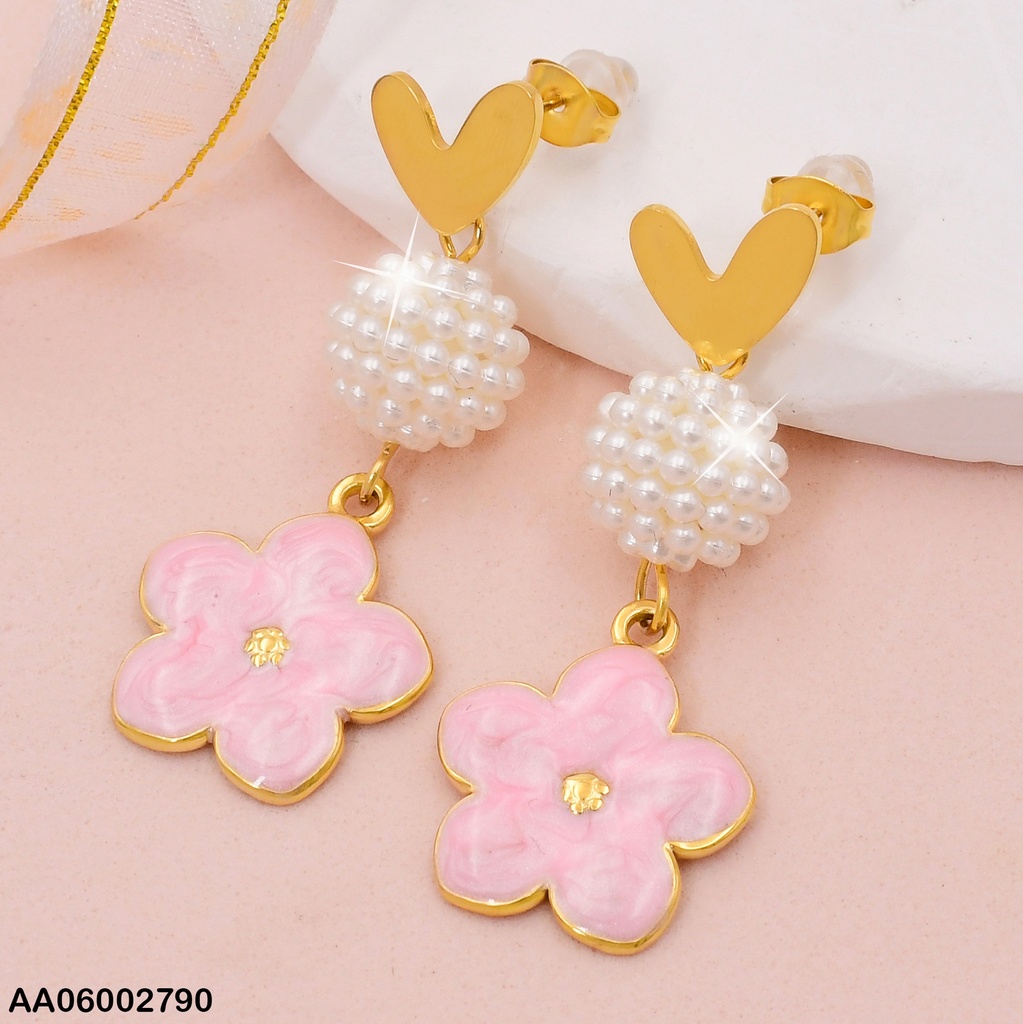 ARETES CORAZON/ ESFERA BLANCA/FLOR 5 PET. ESMALTADA ROSA EA704-45