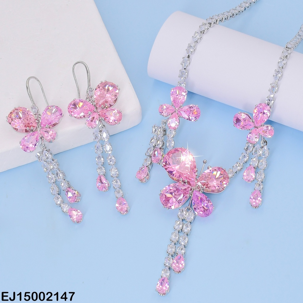 JUEGO PLAT/FUCSIA ZIRCONIAS CUADRO MARIPOSAS SE678-299