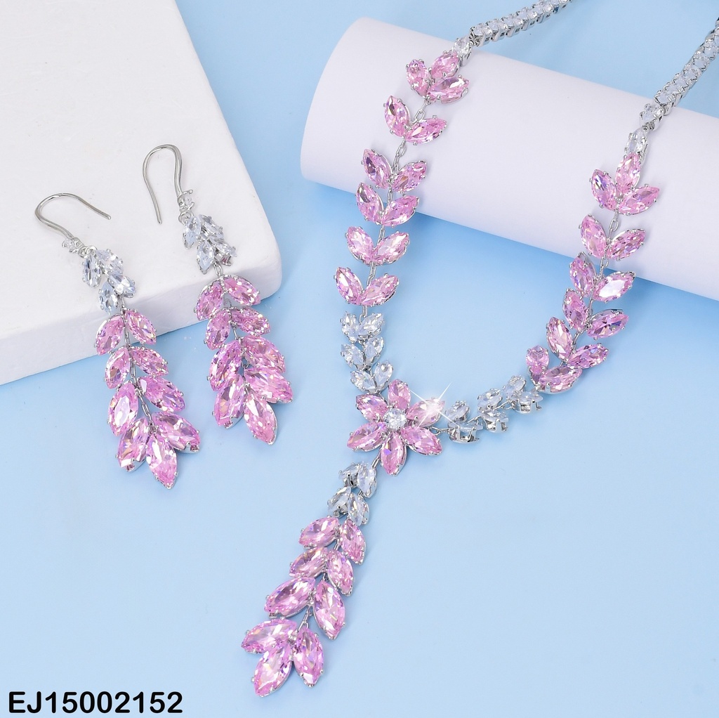 JUEGO PLAT/ROSADO ZIRCONIAS HOJITAS/CUADROS SE681-299
