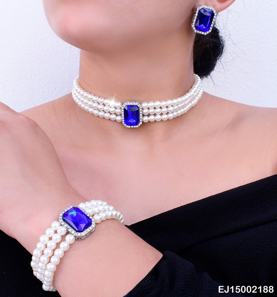 SET COLLAR /PULSERA PERLAS Y ARETES  AZUL SE641-298