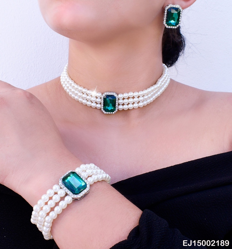 SET COLLAR /PULSERA PERLAS Y ARETES  VERDE SE642-298
