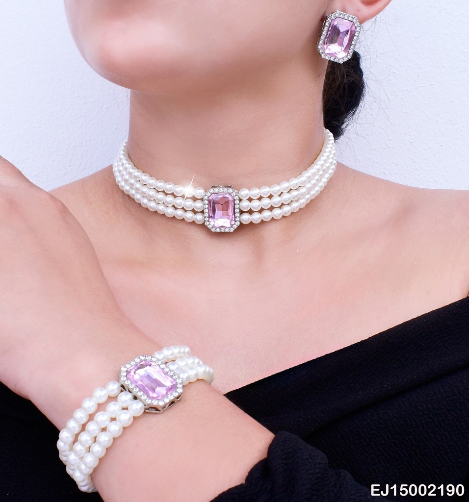 SET COLLAR /PULSERA PERLAS Y ARETES  ROSADOS  SE643-298