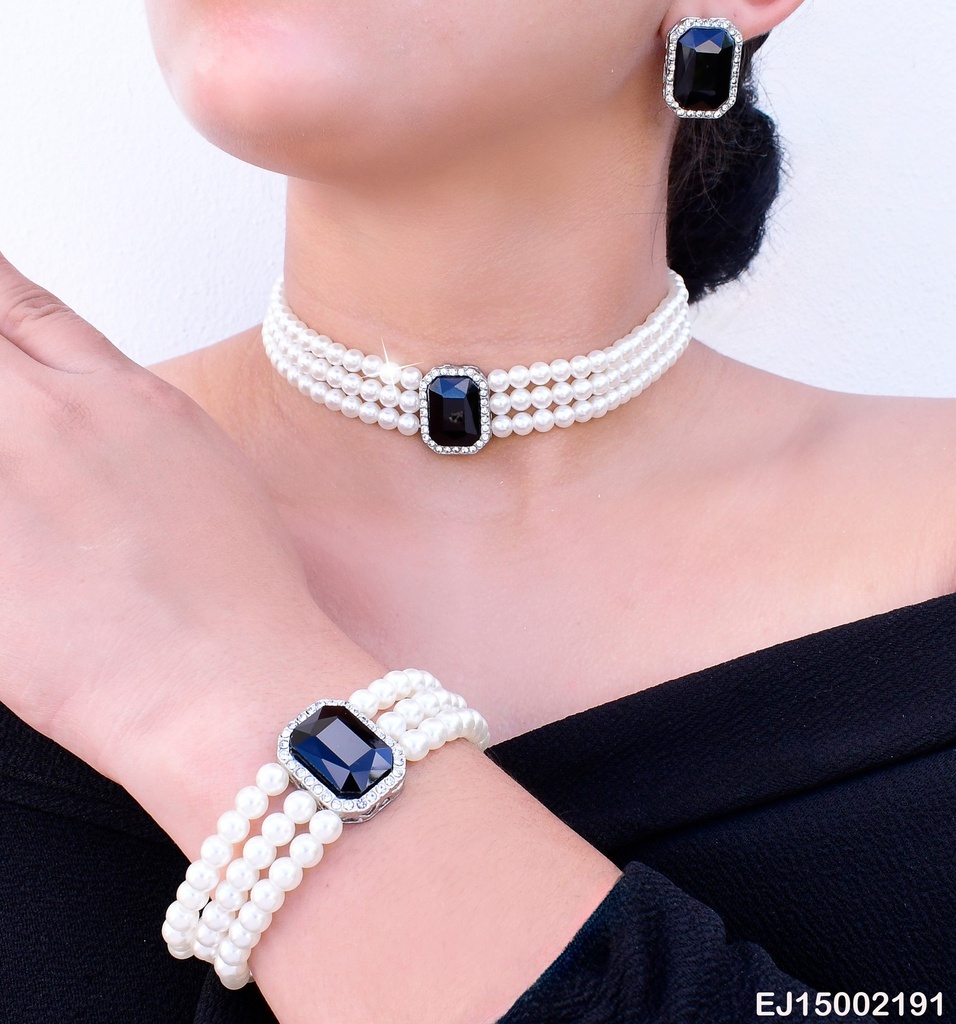 SET COLLAR /PULSERA PERLAS Y ARETES  NEGROS  SE644-298