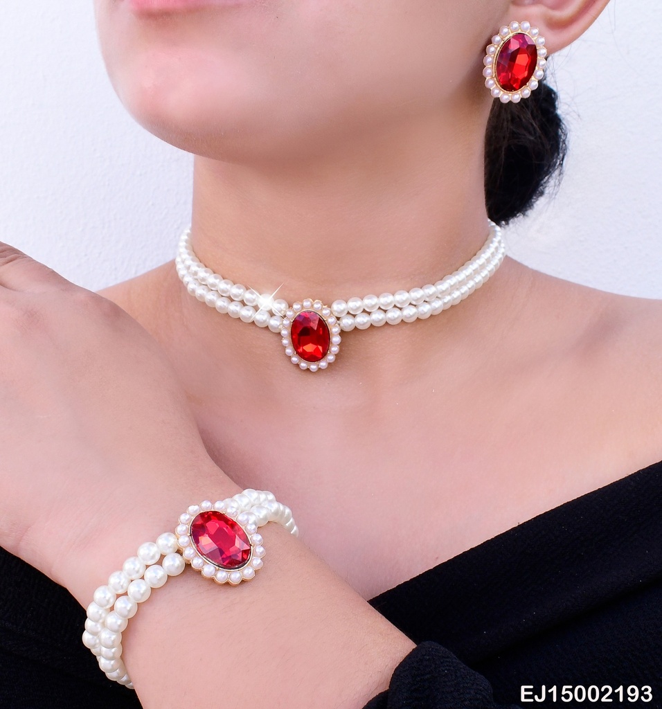 SET COLLAR /PULSERA PERLAS Y ARETES  OVALADOS ROJOS SE648-298