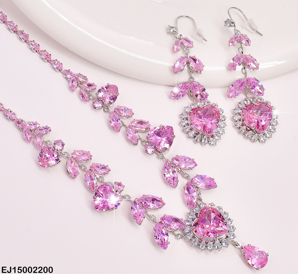 SET PLAT. ZIRCONIAS ROSADAS CORAZONES-HOJITAS SE655-299
