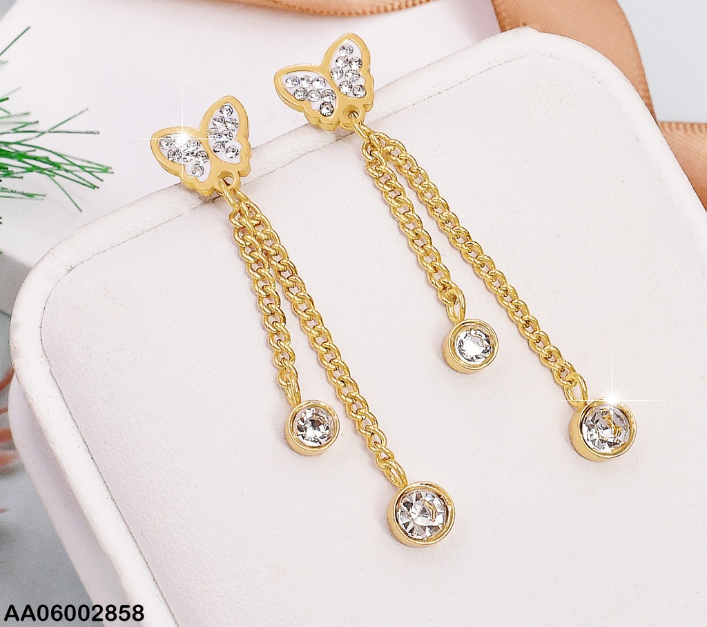 ARETES LARGOS MARIPOSA BORDE DOR  / DOBLE CADENA ZIRC RD COLGANTE K3116-123