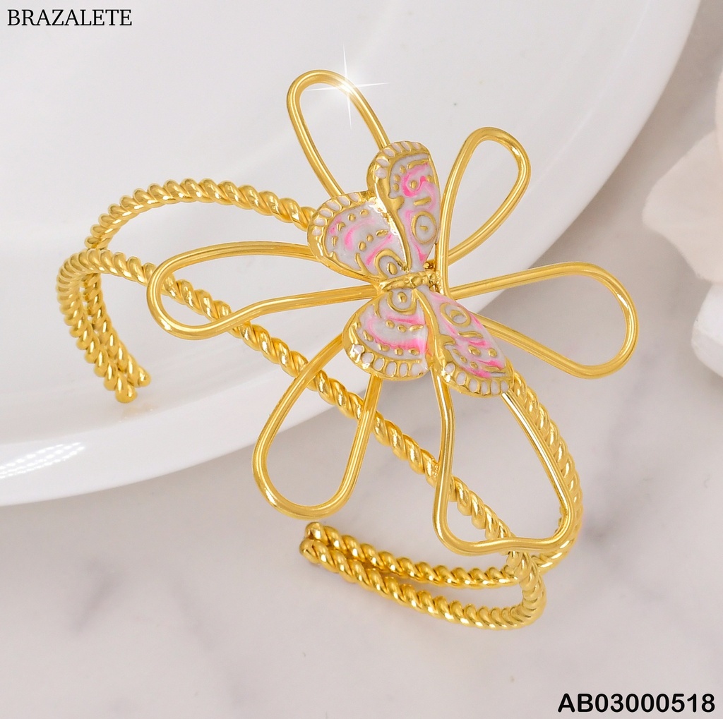 BRAZALETE DOR TORNEADO DOBLE/CROQUI FLOR/MARIPOSA CENTRO  BA201-45