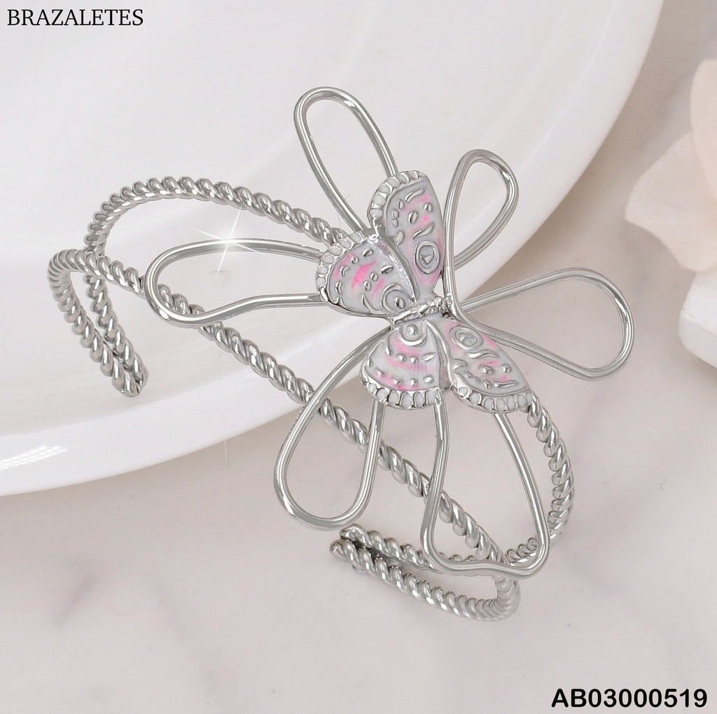 BRAZALETE PLAT. TORNEADO DOBLE/CROQUI FLOR/MARIPOSA CENTRO BA202-45