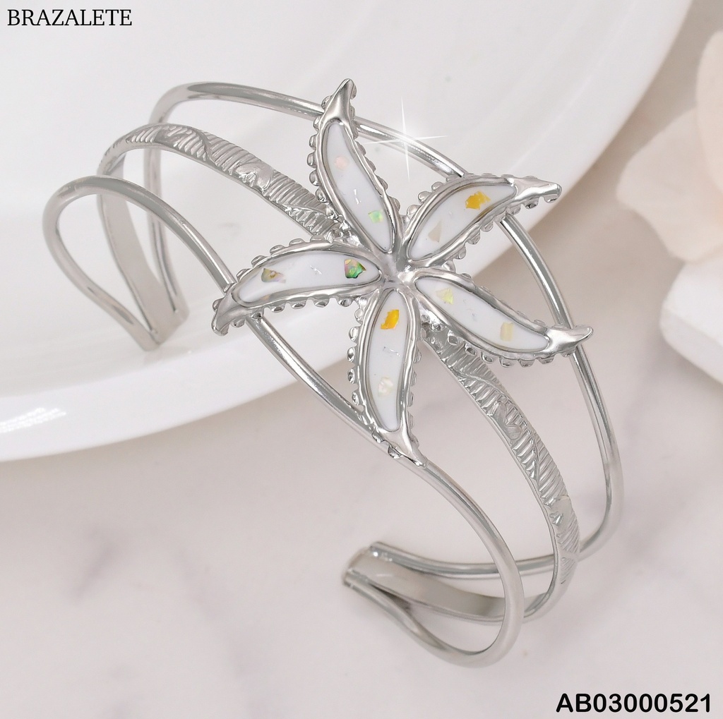 BRAZALETE PLAT 2 LINEAS LISAS/ 1 LINEA RAYAS/ FLOR PET. BLANCOS/BA204-45