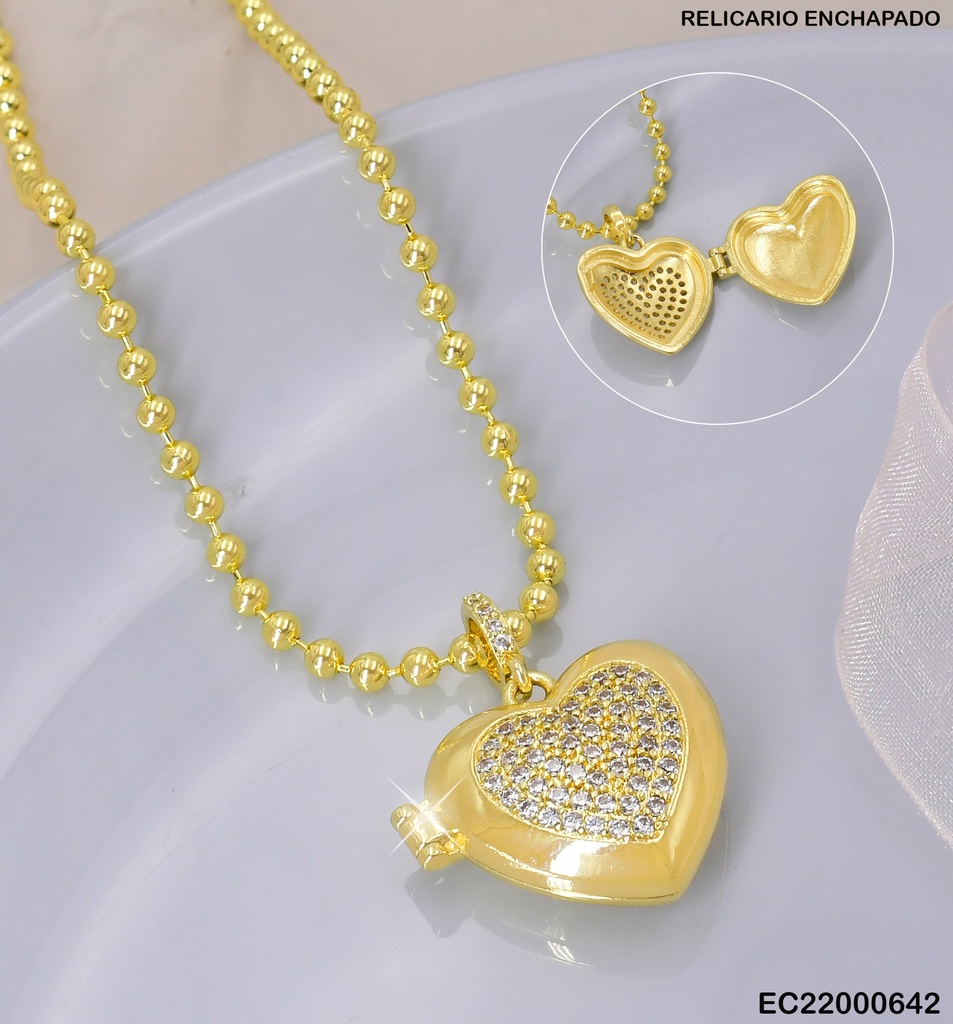 CADENA PELOTITAS DOR/ DIJE CORAZON ZIRC  RELICARIO F5103-334