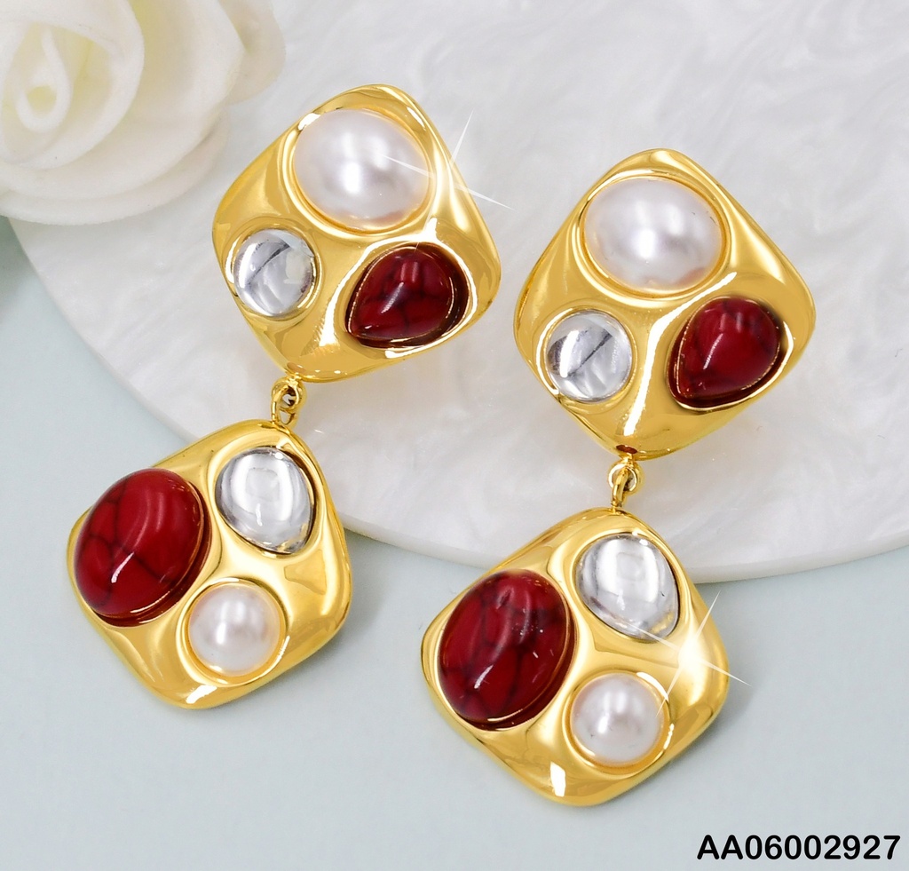 ARETES PERLA/ZIRCONIAS/PIEDRA FUCSIA C/COLGANTE EA980-45