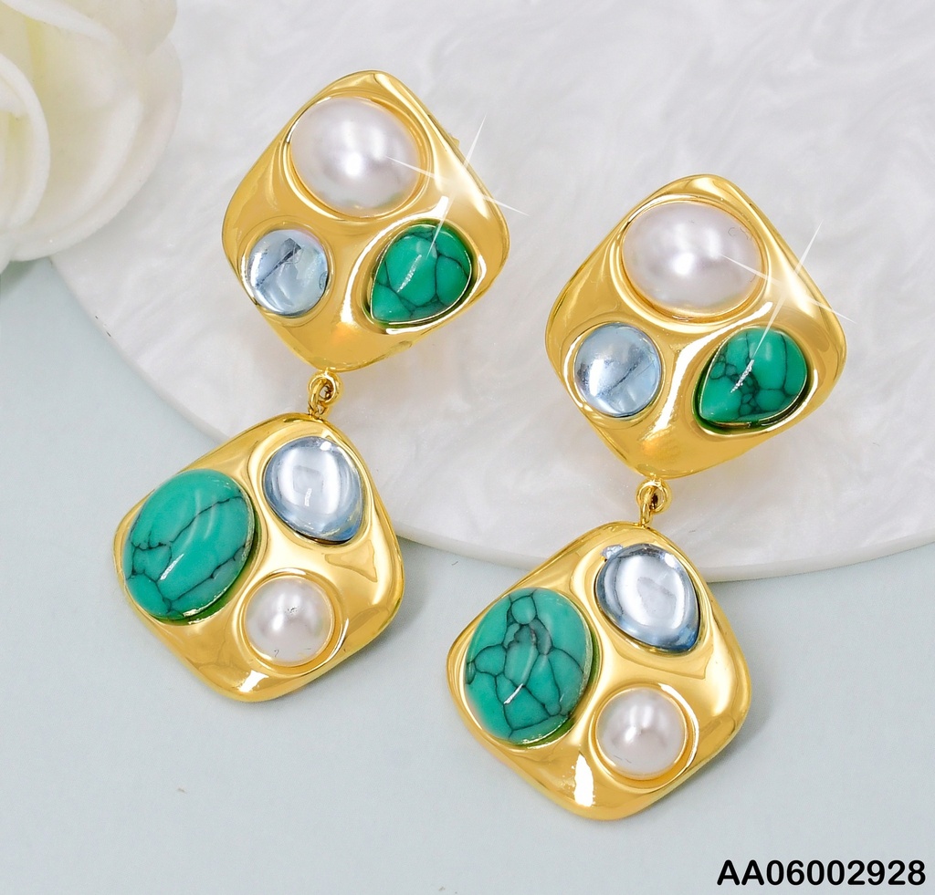 ARETES PERLA/ZIRCONIAS/PIEDRA VERDE C/COLGANTE EA981-45