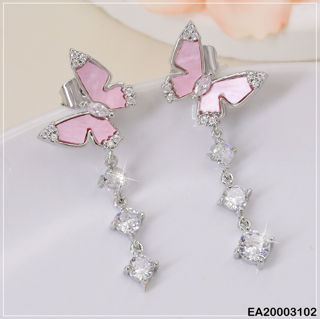ARETES PLAT. MARIPOSA ROSADA C/ZIRCONIAS COLGANTES EE984-3