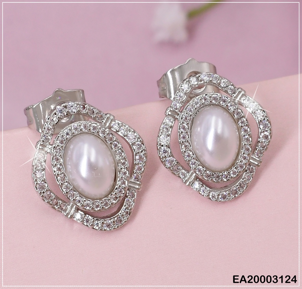 ARETES PLAT. OVALO PERLA BORDES ZIRCONIAS EE1020-3