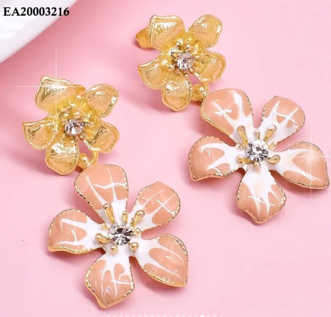 ARETES EMALTADOS 2 FLORES VERT.DORADA/ROSA K2220