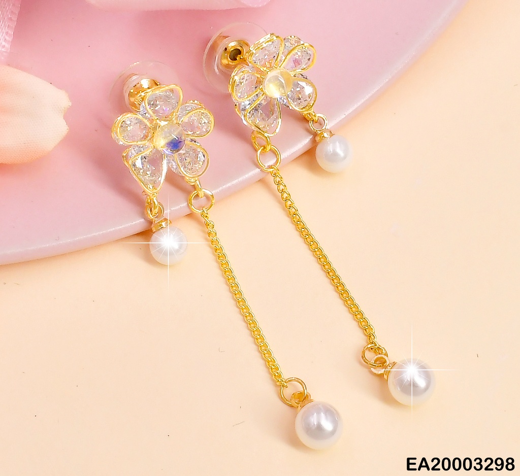 ARETES LARGOS FLOR ZIRC/ CADENA PERLAS COLGANTES EE1247-132