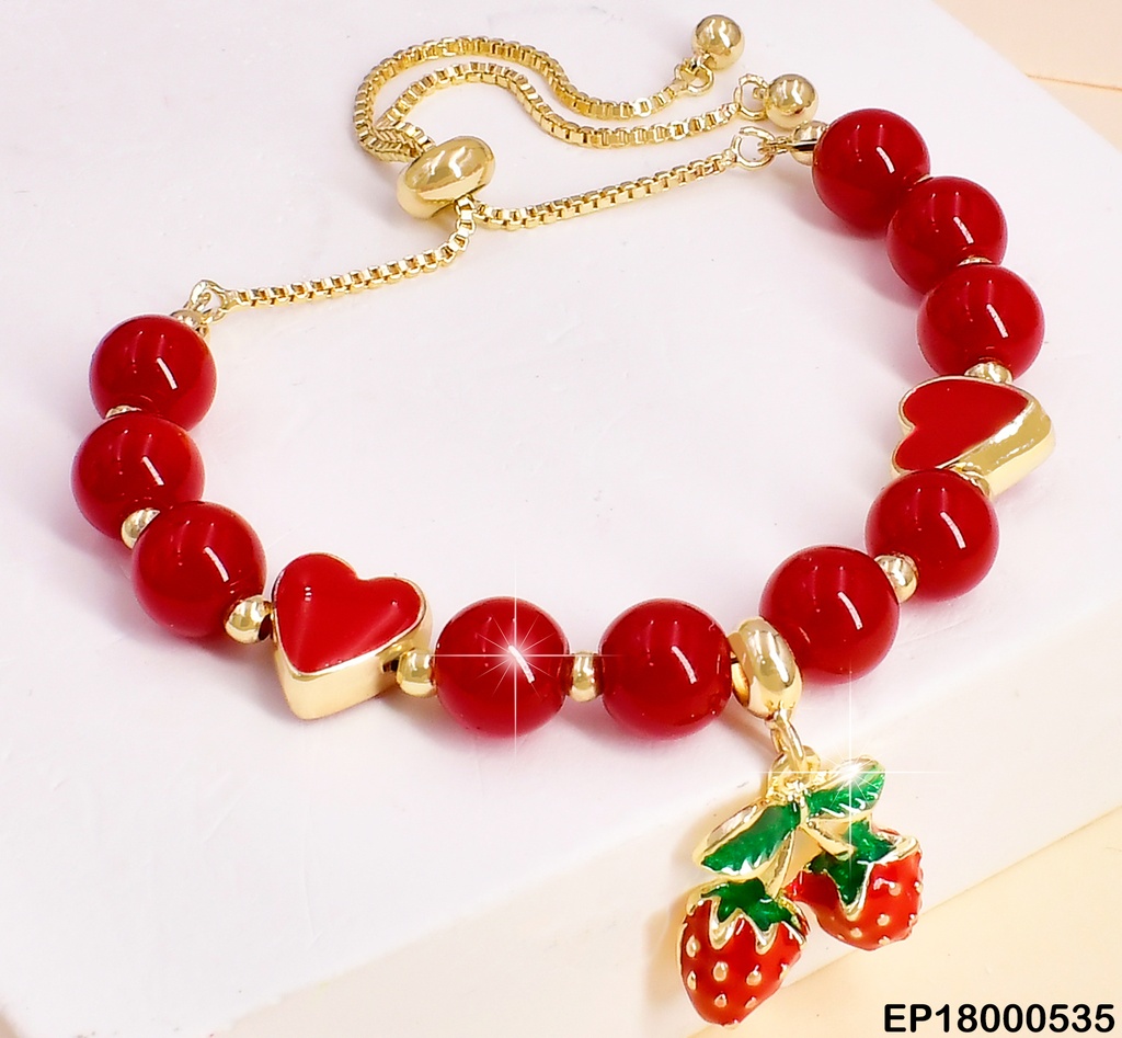 PULSERA AJUSTABLE PELOTAS-❤️ ROJAS DIJE:FRESAS BE304-9