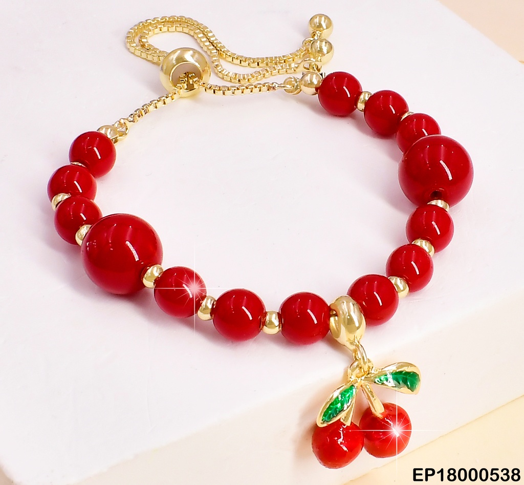 PULSERA AJUSTABLE PELOTAS ROJAS DIJE:CEREZAS BE307-9