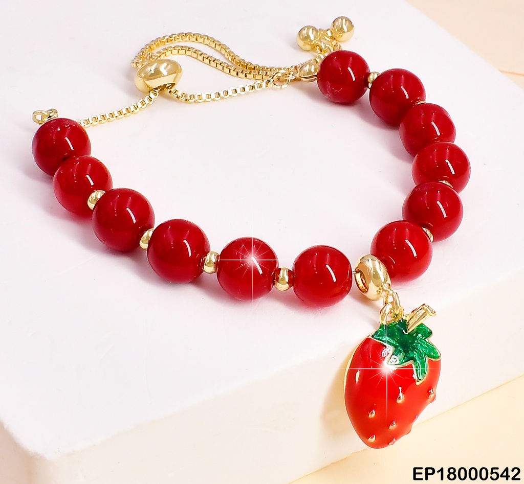 PULSERA AJUSTABLE PELOTAS ROJAS C/DOR. DIJE:FRESA BE311-9
