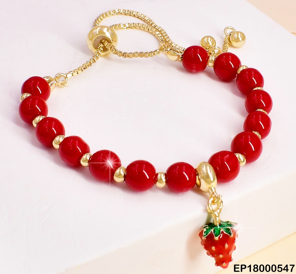 PULSERA AJUSTABLE PELOTAS ROJAS DIJE FRESA ALARG. BE316-9