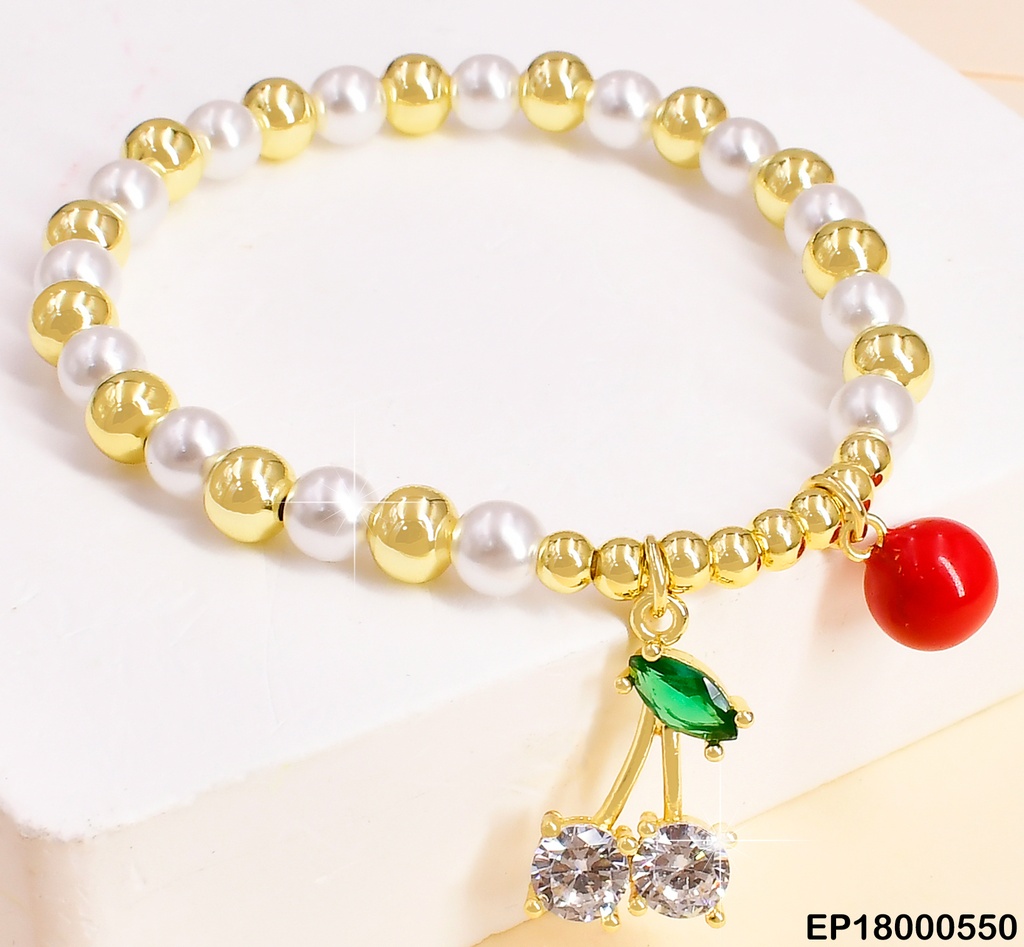 PULSERA PELOTAS BLANCAS DIJE CEREZAS ZIRC./🔴 BE321-294