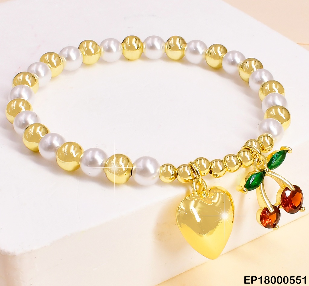 PULSERA PELOTAS BLANCAS DIJE:CEREZAS/💛 BE322-294