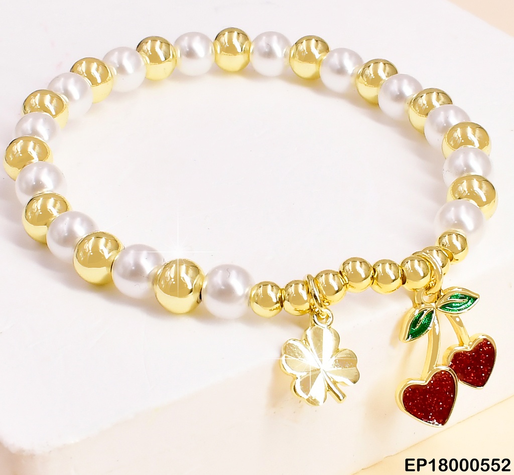 PULSERA PERLAS/PELOTAS DOR.DIJES:FLOR/CEREZAS CORAZON BE323-294