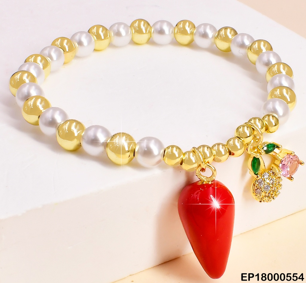 PULSERA PERLAS/PELOTAS DOR.DIJES:CHILE/CEREZAS ROSA BE325-294